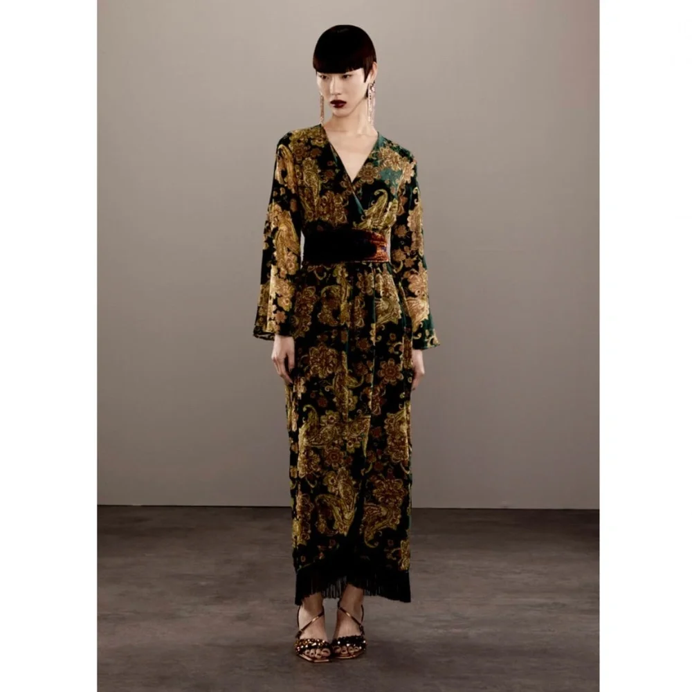 Zara | Dresses | Zara Fringed Velvet Dress Green | Poshmark